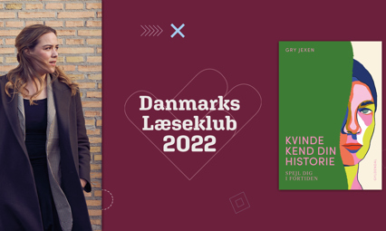 Gry Jexen står med blæst i håret og kigger til højre. Her ses Danmarks Læseklub 2022's logo og forsiden af "Kvinde kend din historie".